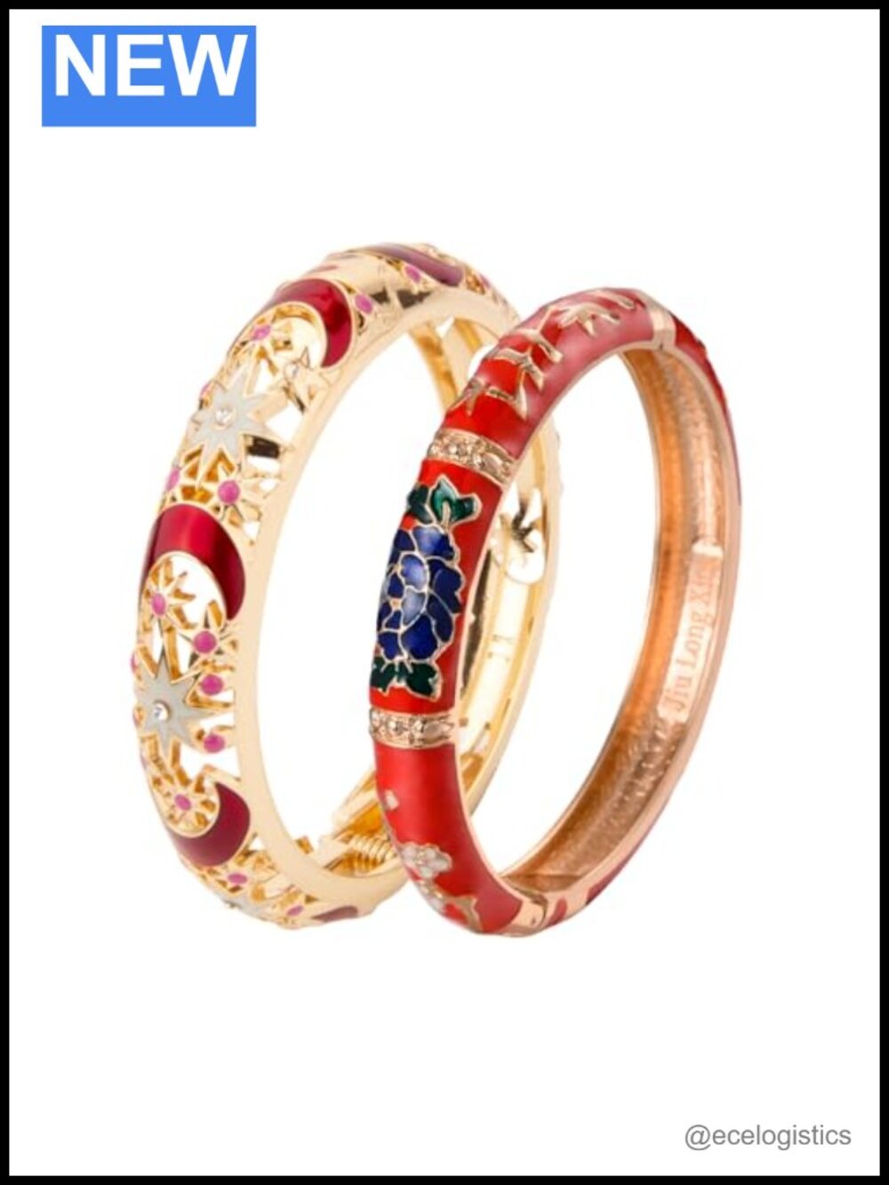 Gold Plated Rhinestone Enamel Bangle Set Cuff Bracelets Hinged Handcrafted Gift